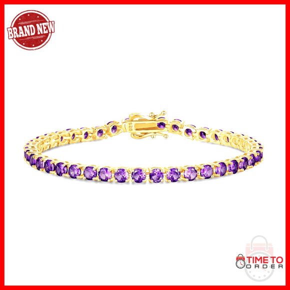 Sterling Silver Tennis Bracelet 7.5 Inch 14K Gold Plated Amethyst
